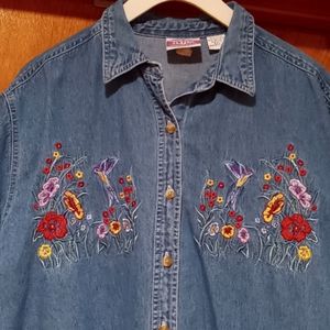 Cool Blues Hummingbirds SS Denim Top-Sz L #0017